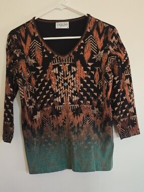 Cactus rust brown black teal Aztec print V-neck top